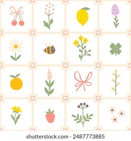 Floral pattern seamless meadow flowers, bee, fruits and bows in simple hand drawn cartoon scandinavian style in pastel palette on lattice background. Childish simple minimalistic. Ideal for nursery