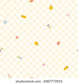 Floral pattern seamless meadow flowers and fruits on a checkered background in simple hand drawn cartoon Scandinavian style pastel palette. Childish cute simple minimalistic. Ideal for nursery, fabric