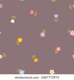 Floral pattern seamless meadow flowers in simple hand drawn cartoon Scandinavian style pastel palette. Childish cute simple minimalistic dark background. For nursery, fabric, baby clothes, wallpaper