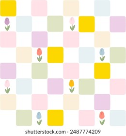 Floral pattern seamless meadow flowers on Checkerboard retro groovy background. Cute cartoon in hand-drawn style, pastel palette. Ideal for printing, scrapbooking, textile, fabric
