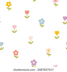 Blumenmuster nahtlose Wiese Blumen in einfachen handgezeichneten Cartoon skandinavischen Stil Pastellpalette. Childisch niedlicher einfacher minimalistischer Hintergrund. Ideal für Kinderzimmer, Stoff, Babykleidung, Bildschirmhintergrund