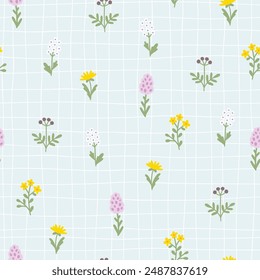 Floral pattern seamless meadow flowers in simple hand drawn cartoon scandinavian style pastel palette on lattice background. Childish cute simple minimalistic. Ideal for nursery, textiles, wallpaper