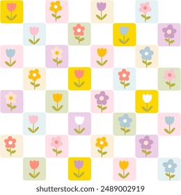 Blumenmuster nahtlose Wiese Blumen auf Schachbrett Retro groovy Hintergrund. Netter Cartoon im handgezeichneten Stil, Pastellpalette. Ideal für Druck, Scrapbooking, Textil, Stoff