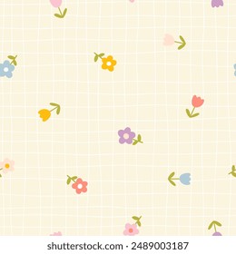 Floral pattern seamless meadow flowers in simple hand drawn cartoon scandinavian style pastel palette on lattice background. Childish cute simple minimalistic. Ideal for nursery, textiles, wallpaper