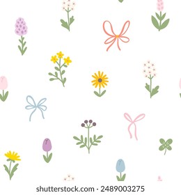 Floral pattern seamless meadow flowers and bows in simple hand drawn cartoon scandinavian style in pastel palette background. Childish cute simple minimalistic. Ideal for nursery, clothes