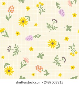 Floral pattern seamless meadow flowers in simple hand drawn cartoon scandinavian style in pastel pallet on lattice background. Childish cute simple minimalistic. Ideal for nursery, textiles, wallpaper