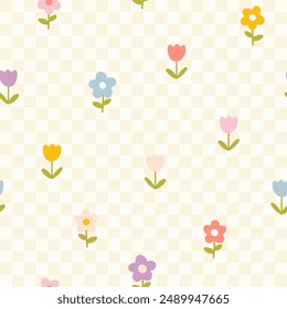 Floral pattern seamless meadow flowers on a checkered background in simple hand drawn cartoon Scandinavian style pastel palette. Childish cute simple minimalistic. Ideal for nursery, fabric