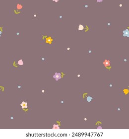 Floral pattern seamless meadow flowers in simple hand drawn cartoon Scandinavian style pastel palette. Childish cute simple minimalistic dark background. For nursery, fabric, baby clothes, wallpaper