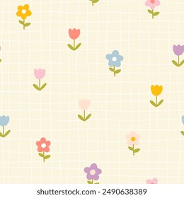 Floral pattern seamless meadow flowers in simple hand drawn cartoon scandinavian style pastel palette on lattice background. Childish cute simple minimalistic. Ideal for nursery, textiles, wallpaper