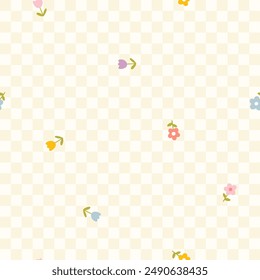 Floral pattern seamless meadow flowers on a checkered background in simple hand drawn cartoon Scandinavian style pastel palette. Childish cute simple minimalistic. Ideal for nursery, fabric