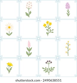 Floral pattern seamless meadow flowers in simple hand drawn cartoon scandinavian style pastel palette on lattice background. Childish cute simple minimalistic. Ideal for nursery, textiles, wallpaper