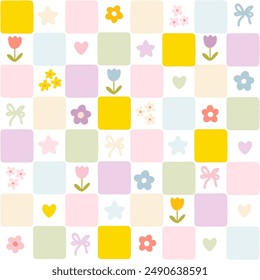 Floral pattern seamless with meadow flowers, hearts and stars, Checkerboard retro groovy background. Cute cartoon, hand-drawn style, pastel palette. Ideal for printing, scrapbooking, textile, fabric