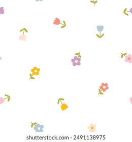 Floral pattern seamless meadow flowers in simple hand drawn cartoon Scandinavian style pastel palette. Childish cute simple minimalistic background. Ideal for nursery, fabric, baby clothes, wallpaper