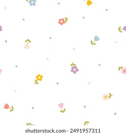 Floral pattern seamless meadow flowers in simple hand drawn cartoon Scandinavian style pastel palette. Childish cute simple minimalistic background. Ideal for nursery, fabric, baby clothes, wallpaper