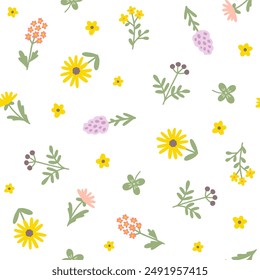 Patrón floral de flores de prado sin fisuras en la paleta de pastel de estilo escandinavo dibujado a mano simple. Fondo minimalista simple lindo infantil. Ideal para guardería, tela, ropa de bebé, Fondo de pantalla