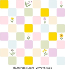 Floral pattern seamless meadow flowers on Checkerboard retro groovy background. Cute cartoon in hand-drawn style, pastel palette. Ideal for printing, scrapbooking, textile, fabric