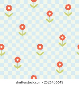 Flores de prado sin fisuras de patrón floral en paleta pastel de estilo escandinavo de dibujos animados simple sobre fondo de celosía. Infantil lindo simple minimalista. Ideal para vivero, textiles, Fondo de pantalla.