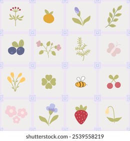 Floral pattern seamless meadow flowers, bees, fruits, butterfly hand-drawn cartoon on lattice background. Childish for nursery, card, wrapping, textile, wallpaper, background, paper gif, phone case.