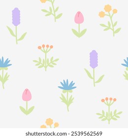 Floral pattern seamless meadow flowers and leaf cute cartoon. Childish cute simple minimalistic. Ideal for nursery, card, wrapping, textile, wallpaper, background, paper gif, phone case.