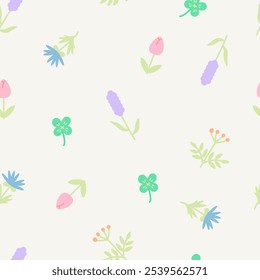 Floral pattern seamless meadow flowers and leaf cute cartoon. Childish cute simple minimalistic. Ideal for nursery, card, wrapping, textile, wallpaper, background, paper gif, phone case.