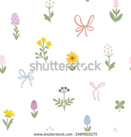 Floral pattern seamless meadow flowers and bows in simple hand drawn cartoon scandinavian style in pastel palette background. Childish cute simple minimalistic. Ideal for nursery, clothes