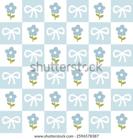 Floral pattern seamless meadow flowers and flirty bows on Checkerboard retro groovy background. Cute cartoon in hand-drawn style, pastel palette. Ideal for printing, scrapbooking, textile, fabric