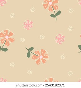 Floral pattern seamless meadow hand-drawn flowers and leaves. Cartoon cute simple minimalist. Ideas for nursery, card, wrapping, textile, wallpaper, background, paper gift, phone case.