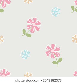 Floral pattern seamless meadow hand-drawn flowers and leaves. Cartoon cute simple minimalist. Ideas for nursery, card, wrapping, textile, wallpaper, background, paper gift, phone case.