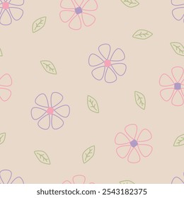 Floral pattern seamless meadow hand-drawn flowers and leaves. Cartoon cute simple minimalist. Ideas for nursery, card, wrapping, textile, wallpaper, background, paper gift, phone case.