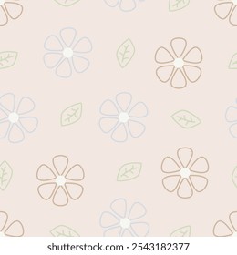 Floral pattern seamless meadow hand-drawn flowers and leaves. Cartoon cute simple minimalist. Ideas for nursery, card, wrapping, textile, wallpaper, background, paper gift, phone case.