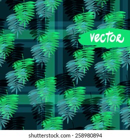 floral pattern seamless for men checked shirt, vector vivid pattern of leaves on a dark background. vector ferns and palms masculine checks textile.