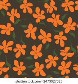 Floral pattern. Seamless pattern with orange flowers, on dark brown background, vector.	
