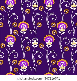 Floral pattern, seamless, orange flowers on a purple background. Yellow-pink flowers and swirls on a purple background. Vector seamless background. For the decoration. 