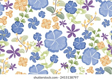 Floral pattern seamless paisley embroidery on white background. Colourful Blue flower motif border ethnic ikat style abstract vector illustration vintage design for print template.