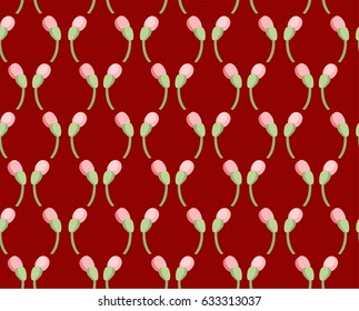 Floral pattern, seamless, pink buds, dark red background, vector. Vertical garlands of rosebuds on a dark red field. Colored, flat background. 