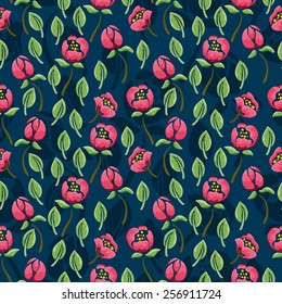 Floral pattern seamless with  pink flowers on dark blue background