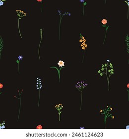 Floral pattern, seamless print. Botanical background, field flowers, branches, herbal plants. Delicate fragile tiny blooms, herbs. Endless design for fabric, textile. Flat vector illustration
