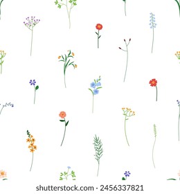 Floral pattern, seamless print. Endless texture, flower branches, tiny stems. Botanical garden background. Repeatable design, delicate fragile blooms. Flat vector illustration for wallpaper, textile
