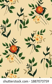 Floral pattern, seamless pattern. Small flower arrangements of bright asters, foliage, small flowers and various plants. Realistic vector illustration.