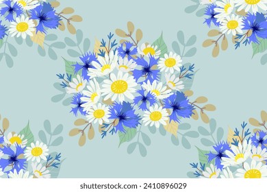 Floral pattern seamless. Spring summer white daisy blue cornflower flower pattern background border frame vector illustration. Flowers motifs.
