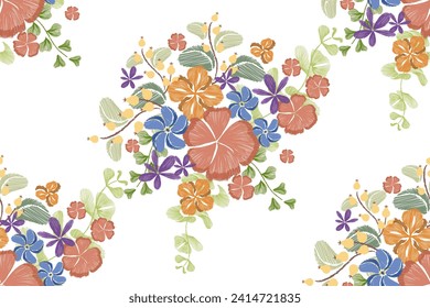Floral pattern seamless. Spring summer peach orange flower pattern background border frame vector illustration. Flowers motifs embroidery design print template.