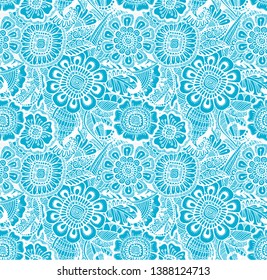 Floral pattern, seamless textile design with leaves and flowers. Vector ornament. Light blue