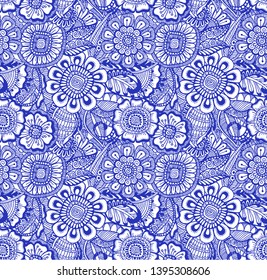Floral pattern, seamless textile design with leaves and flowers. Vector ornament. Blue