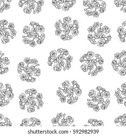 Floral Pattern for Seamless Texture. Round Inflorescence Outlines on White Background. Flowers and Buds Ornament in Liberty Style. Feminine Romantic Calico for Textile, Fabric, Wallpaper, Print.
