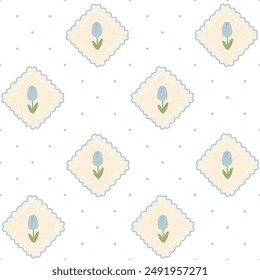 Floral pattern seamless tulips flowers in simple hand drawn cartoon Scandinavian style pastel palette. Childish cute simple minimalistic background. Ideal for nursery, fabric, baby clothes, wallpaper