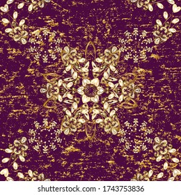 Floral pattern. Seamless vector background. Stylish graphic pattern. Golden elements on purple and yellow colors. Wallpaper baroque, damask.