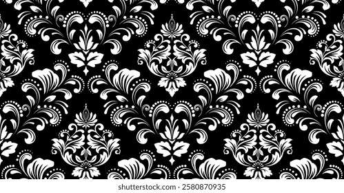 Floral pattern. Seamless vector background. Vintage wallpaper in the Baroque style. White and black ornament for fabric, wallpaper, packaging. Ornate Damask flower illustration.