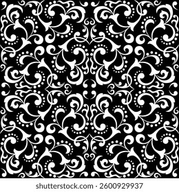 Floral pattern. Seamless vector background. Vintage wallpaper in the Baroque style. White and black ornament for fabric, wallpaper, packaging. Ornate Damask flower illustration.