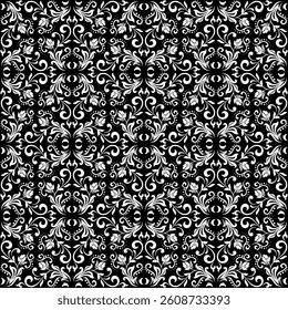 Floral pattern. Seamless vector background. Vintage wallpaper in the Baroque style. White and black ornament for fabric, wallpaper, packaging. Ornate Damask flower illustration.