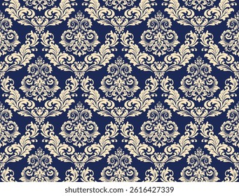 Floral pattern. Seamless vector background. Vintage wallpaper in the Baroque style. Golden and dark blue ornament for fabric, wallpaper, packaging. Ornate Damask flower illustration